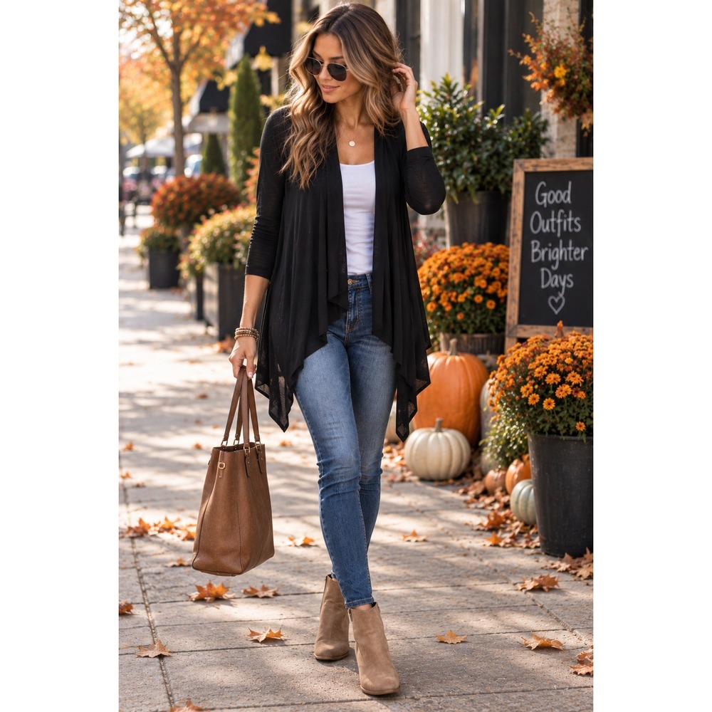 About A Girl Cardigan Medium Black Open Front Waterfall Draped Ruched Sleeve